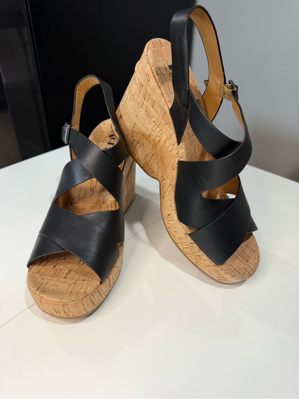 Kork-Ease Black Leather Cork Wedge Sandals with Cross Straps